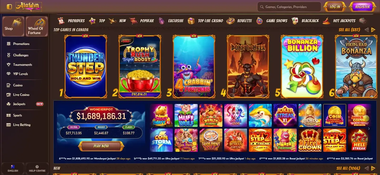 Alawin Australia casino lobby with game category navigation