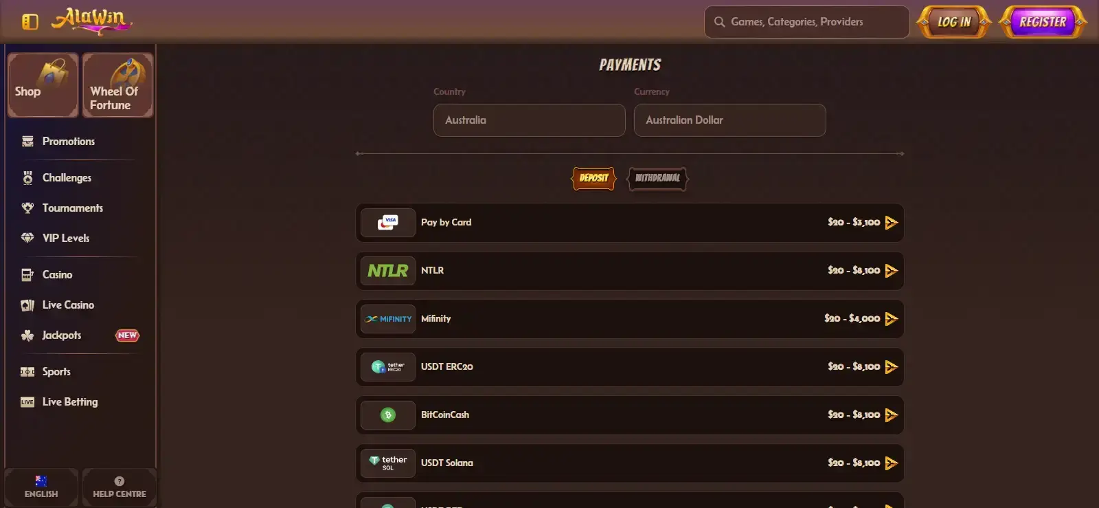 Alawin deposit-method selection screen in an Australia-facing session