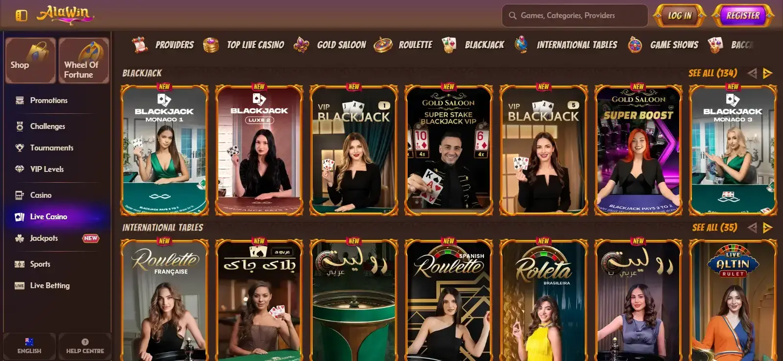 Alawin live casino lobby shown in an Australia-facing session