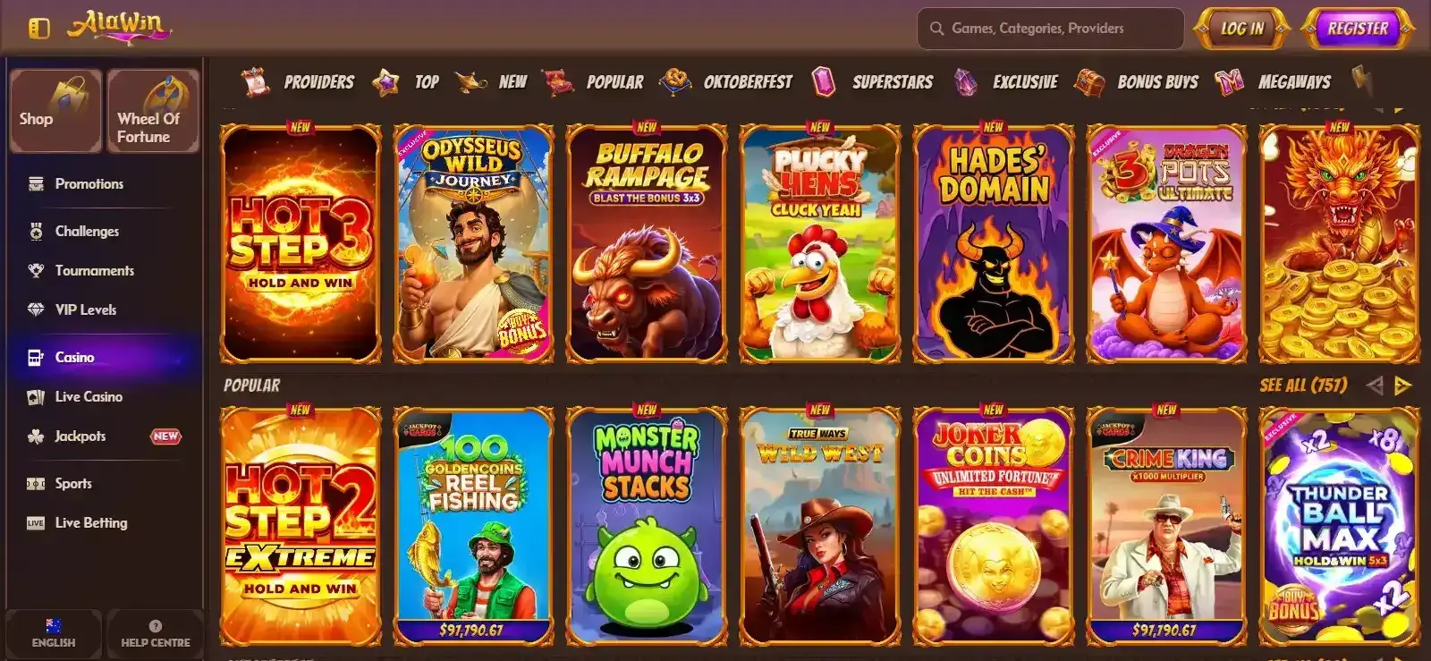 Alawin pokies lobby on the Australia-facing site