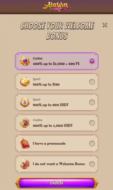 Alawin registration screen with casino welcome package selector