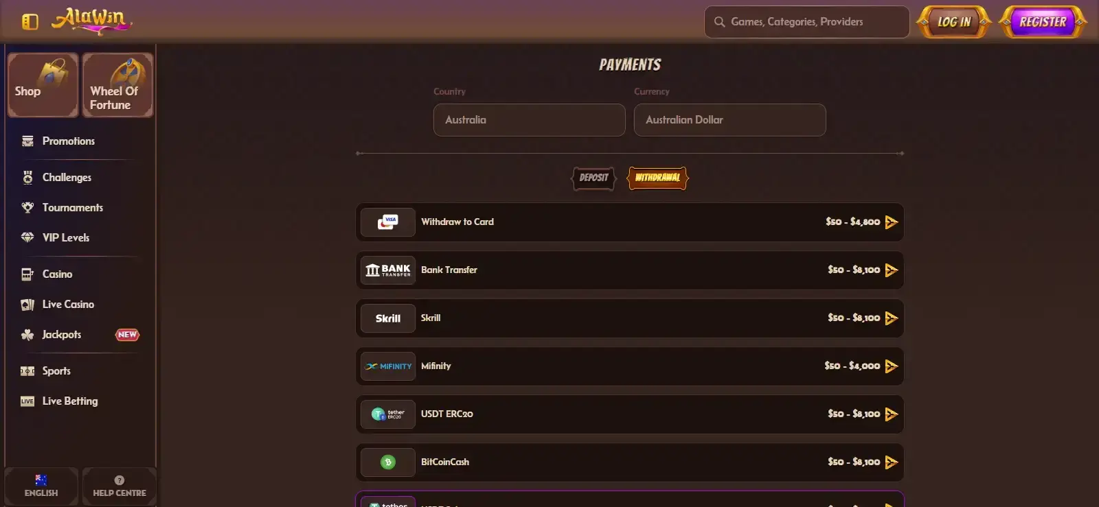Alawin withdrawal or official terms interface showing payout conditions