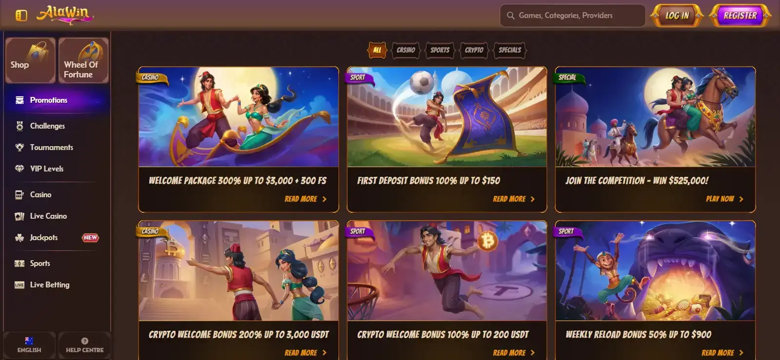 Current Alawin promotions interface showing welcome offer choices