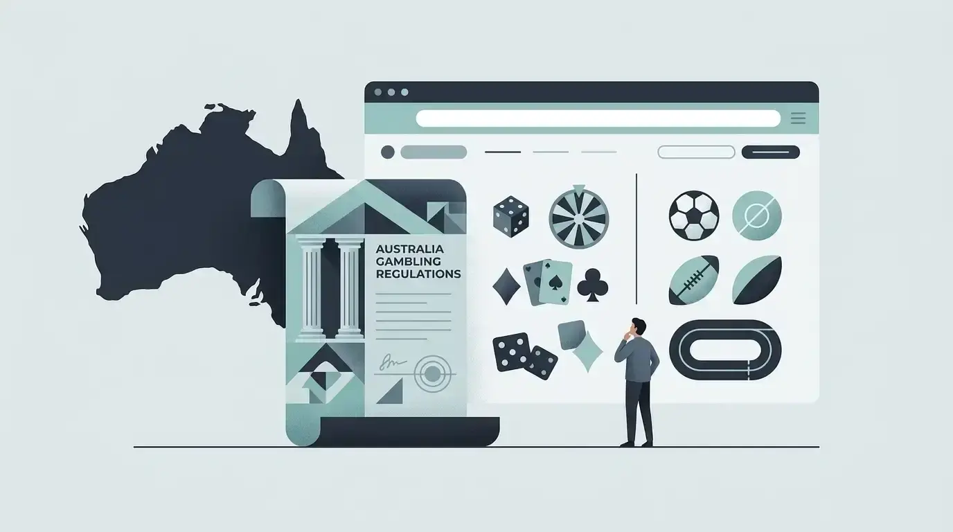 Editorial illustration of Australian online gambling law, digital access and regulatory checks