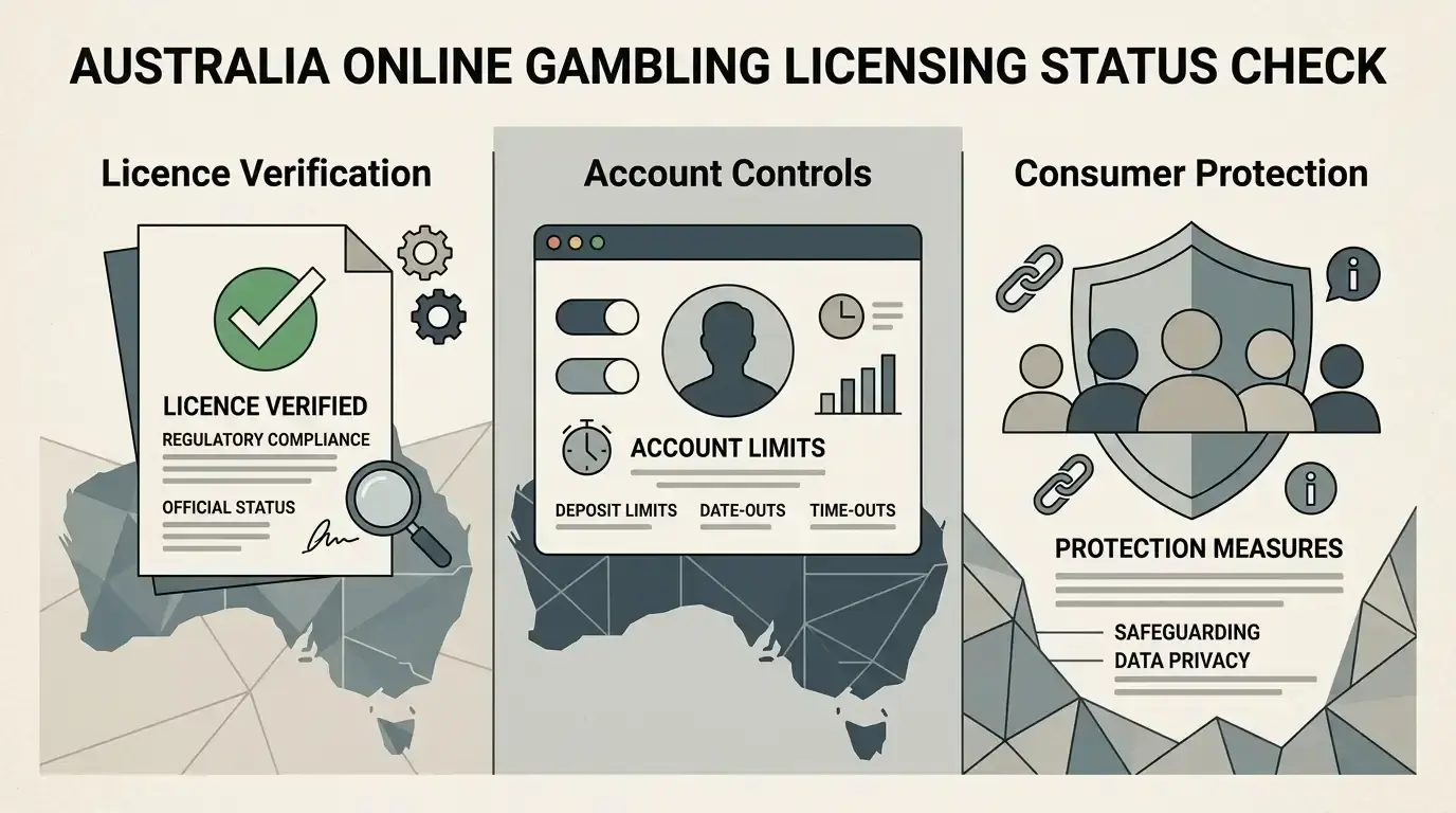 Editorial illustration of Australian online gambling regulation, licence checks and consumer protection